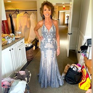 Long fitting sparkle gown with mesh deep V